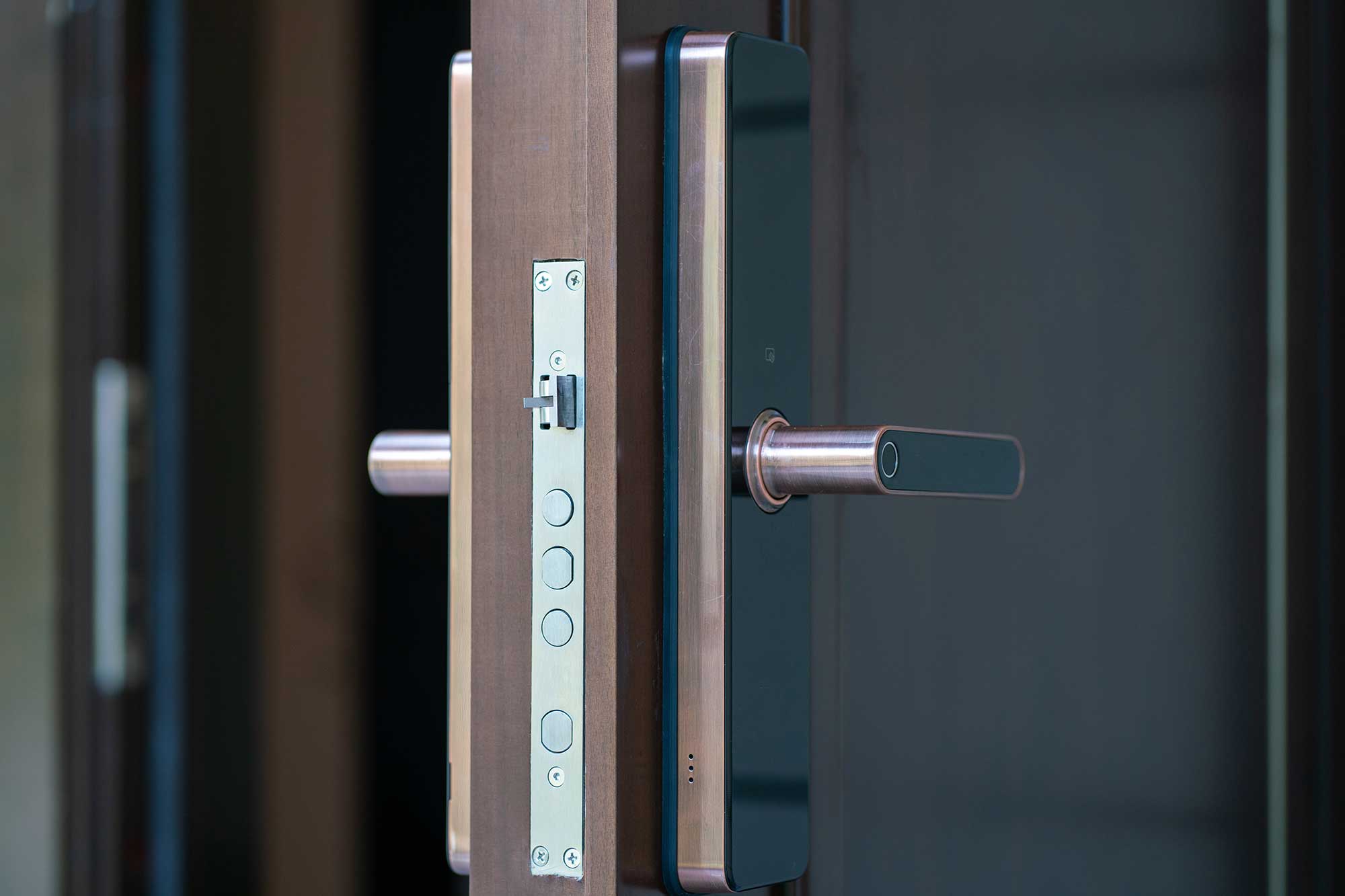 En detaljerad närbild av ett modernt dörrlås