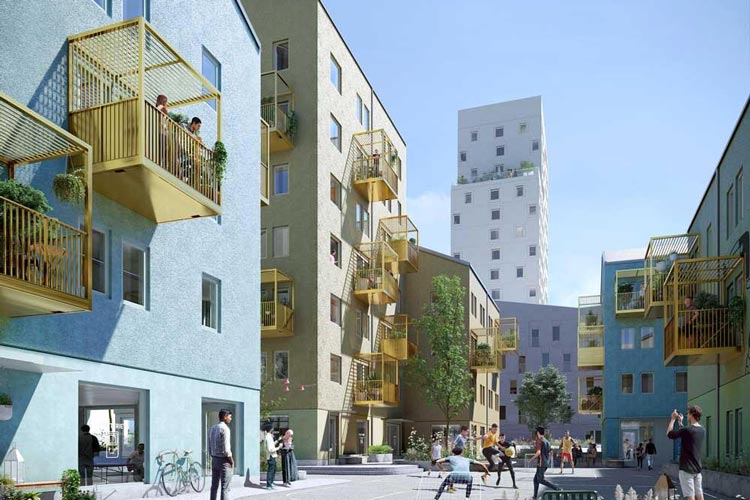 Stadsfastighet med moderna dörrar och låssystem