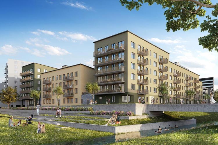 Nybyggt flerbostadshus med stilren fasad och säkerhetsdörrar