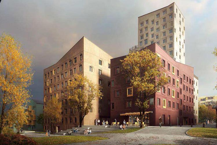 Modern flerbostadsbyggnad i betong med lås och passersystem